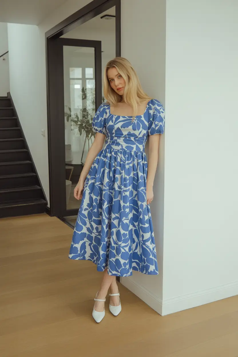 spring wedding guest outfit 2026 blue printed midi dress