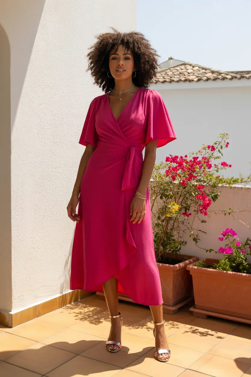 natural spring wedding guest outfit 2026 wrap dress bold color