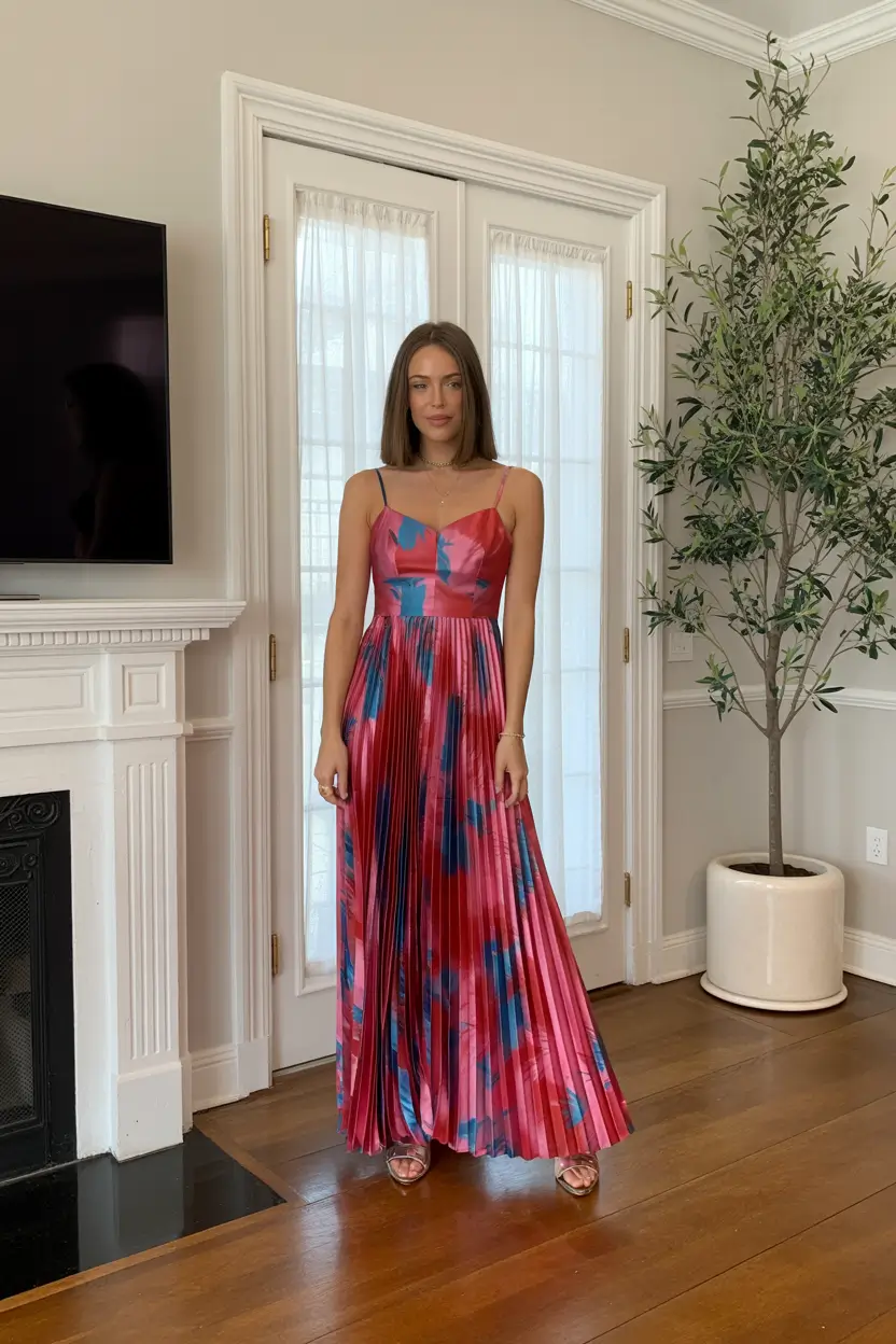 spring wedding guest outfit 2026 modern printed maxi dress