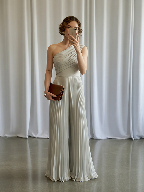 natural spring wedding outfit 2026 Minimal One-Shoulder Elegance for a Modern Ceremony