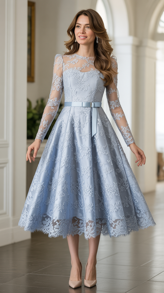 natural spring wedding outfit 2026 Powder Blue Lace for a Refined Indoor Affair