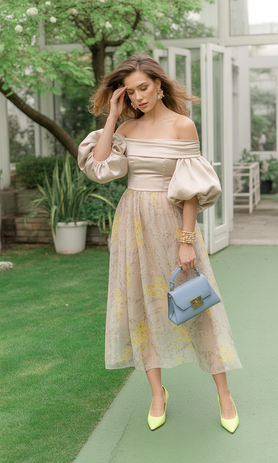 natural spring wedding outfit 2026 Soft Off the Shoulder Silhouettes for Romantic Evenings