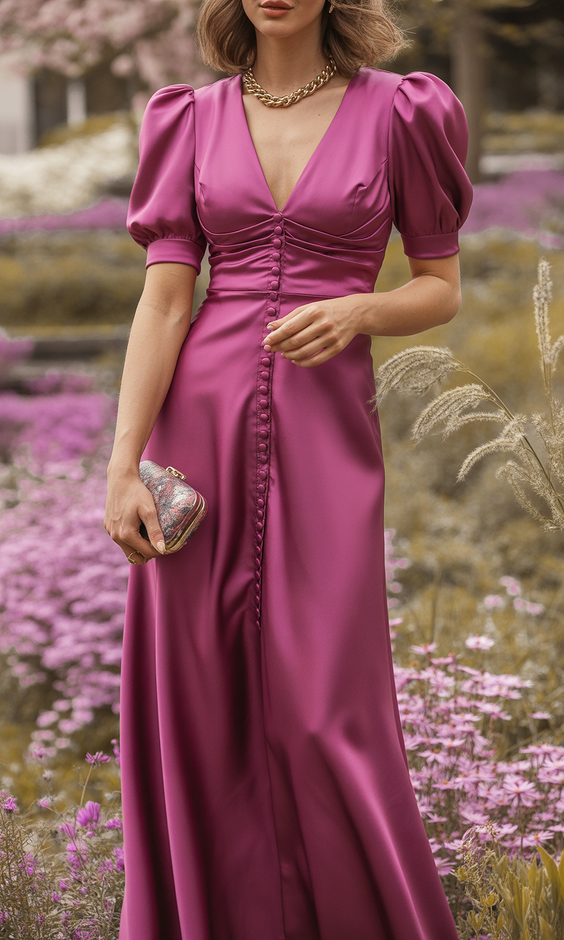 natural spring wedding outfit 2026 Bold Satin Tones for a Statement Guest Look