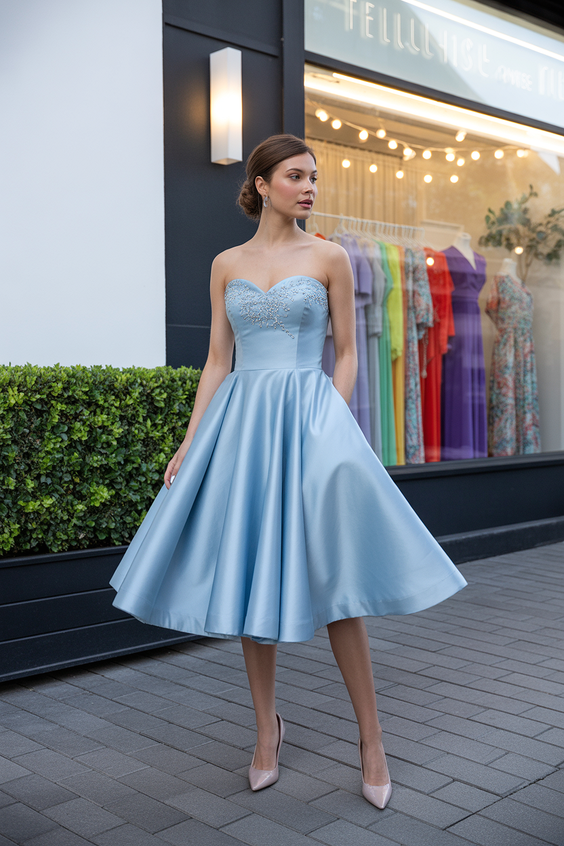 natural spring wedding outfit 2026 Powder Blue Strapless Charm for a City Celebration