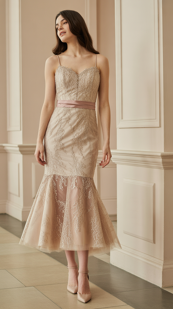 natural spring wedding outfit 2026 Understated Elegance with a Modern Midi Silhouette