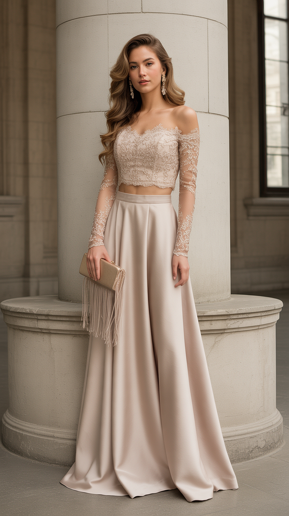 natural spring wedding outfit 2026 Two-Piece Sophistication for a Formal Venue