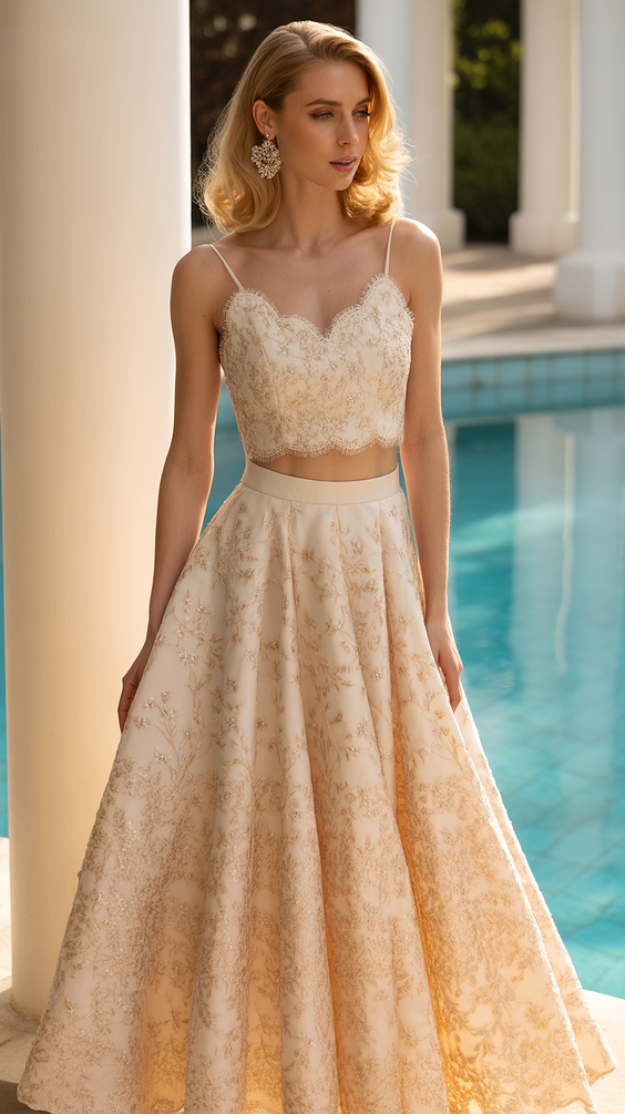 natural spring wedding outfit 2026 Sunlit Poolside Glamour with a Romantic Edge