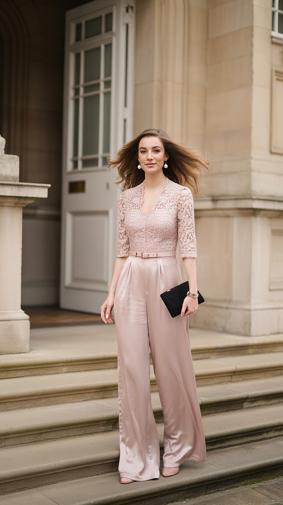 natural spring wedding outfit 2026 Lace and Satin Trousers for a Chic Semi-Formal Look