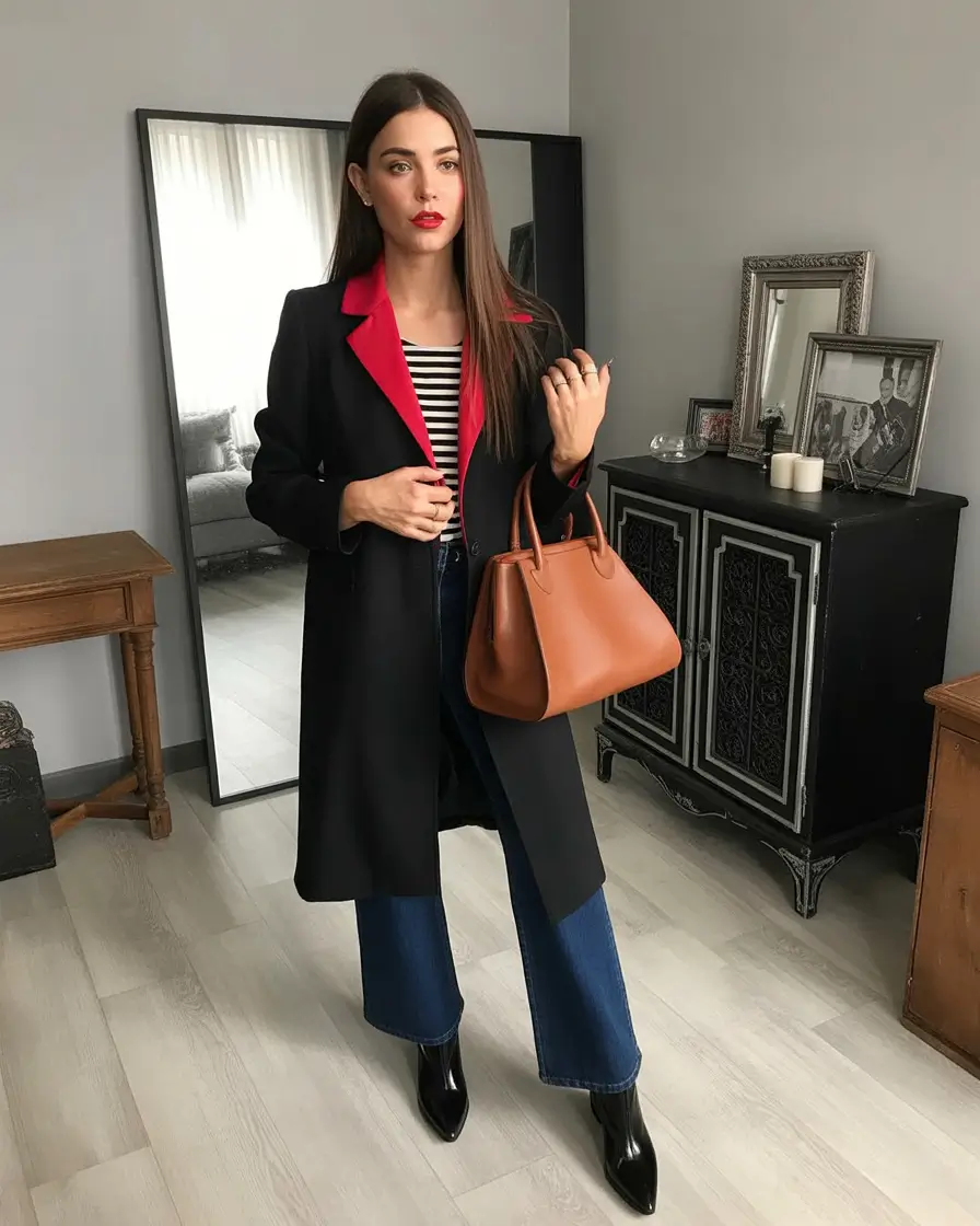 outfits ideas February 2026 Sharp Contrast With a Parisian Twist