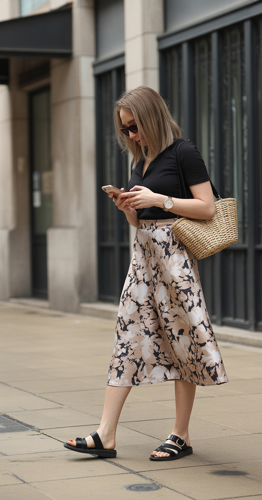 polished spring outfits for women over 30 2026 Printed Midi Skirt With Urban Ease