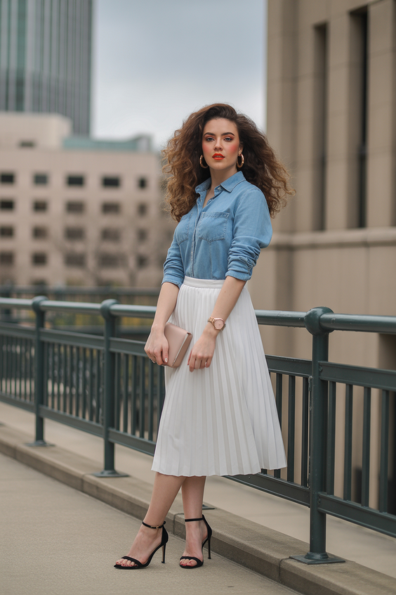 sophisticated spring formal outfits 2026 Denim Shirt with Pleated Skirt for Modern Formal Ease