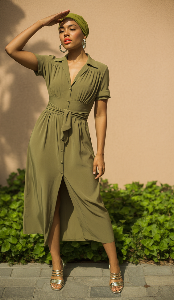 sophisticated spring formal outfits 2026 Olive Shirt Dress with Confident Formal Ease