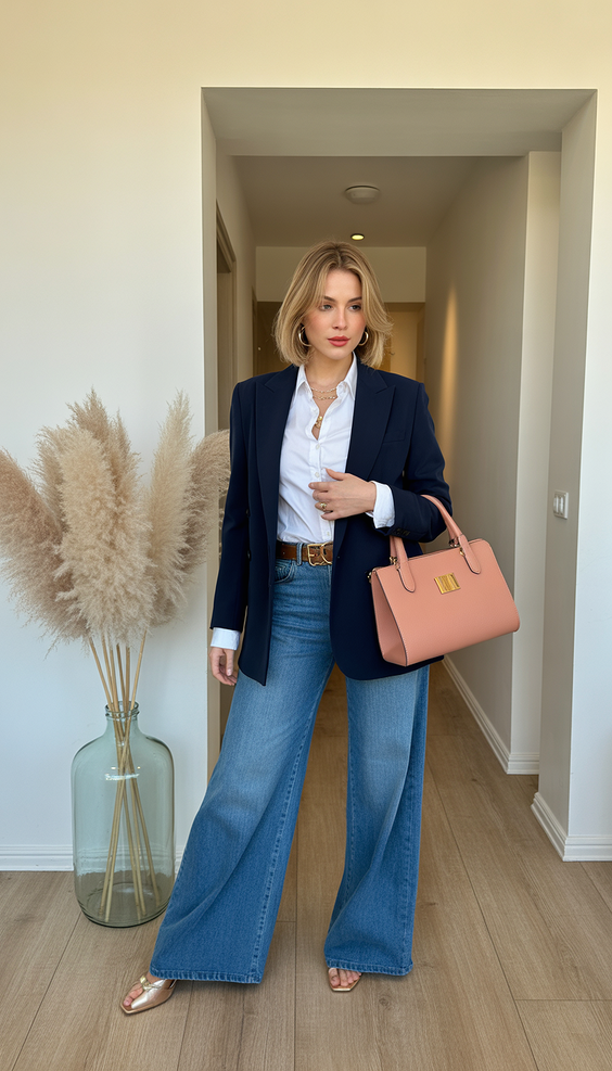 spring office outfits women casual jeans Blazer and denim