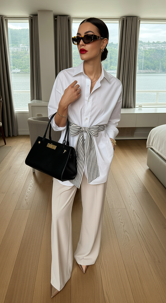 spring office outfits women White shirt tailored pants