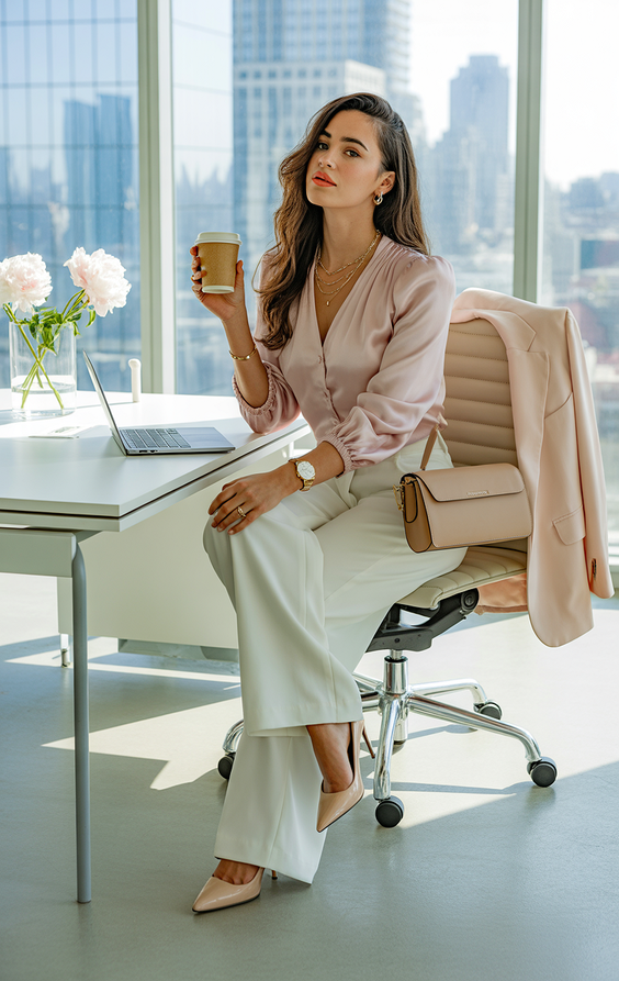 spring office outfits women 2026 Blush blouse white trousers