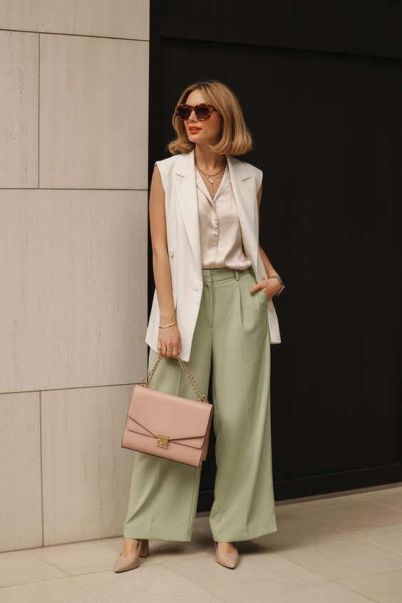 spring office outfits women Casual vest and wide leg pants