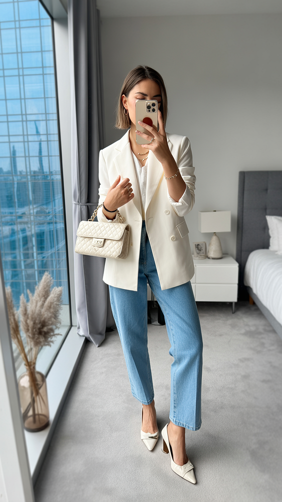 sophisticated spring workwear 2026 Sharp Blazer Dressing with Soft Denim Balance