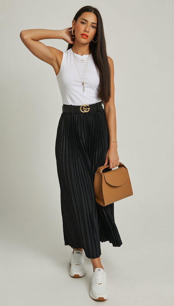 spring outfit ideas sneakers 2026 Effortless Pleats and Sneakers for a Polished Spring Mood