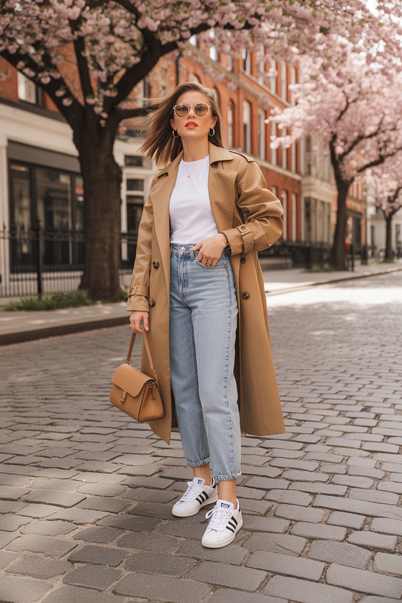 spring outfit ideas sneakers 2026 Classic Trench and Sneakers for Timeless Spring Style
