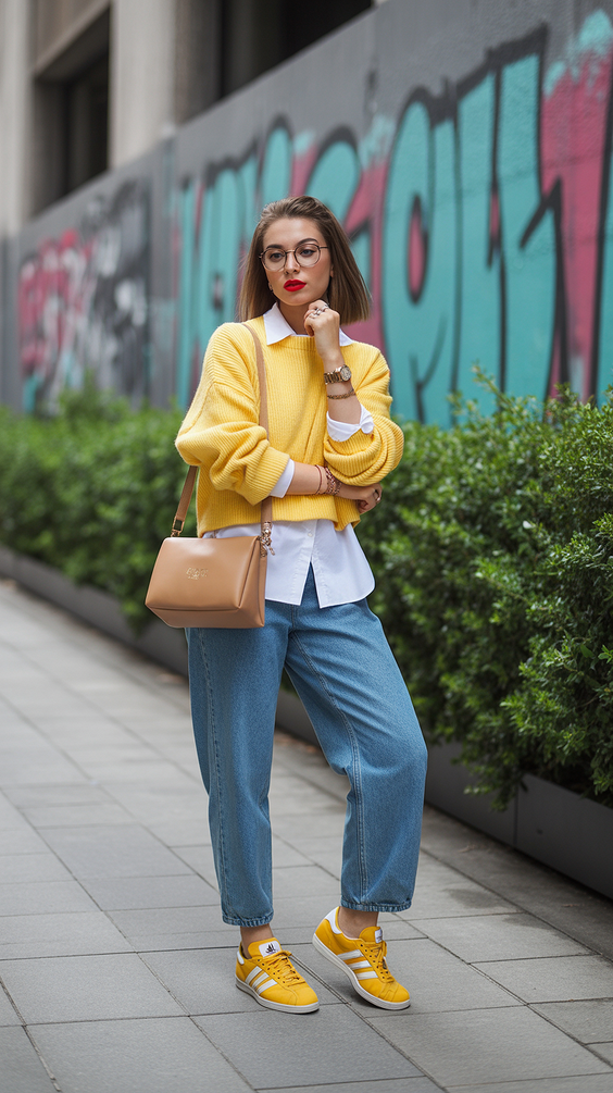 spring outfit ideas sneakers 2026 Colorful Sneakers with Denim for Playful Spring Energy