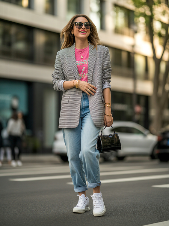spring outfit ideas sneakers 2026 Relaxed Blazer and Jeans with Sneakers for City Energy