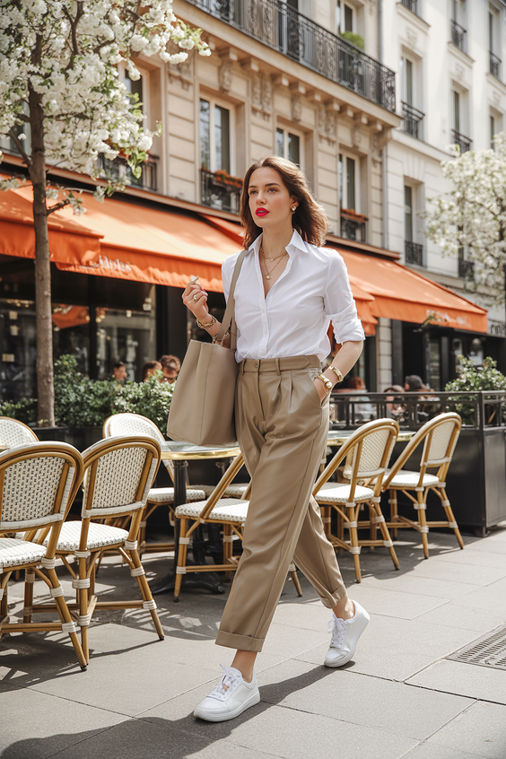 spring outfit ideas sneakers 2026 Parisian-Inspired Neutrals with Sneakers for City Walks