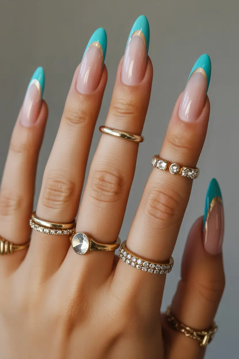 stiletto nail designs 2026 blue gold french