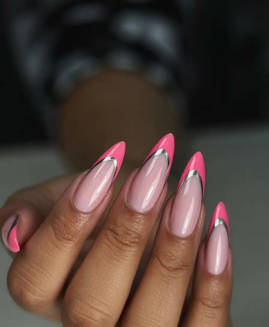 stiletto nail designs 2026 pink french metallic
