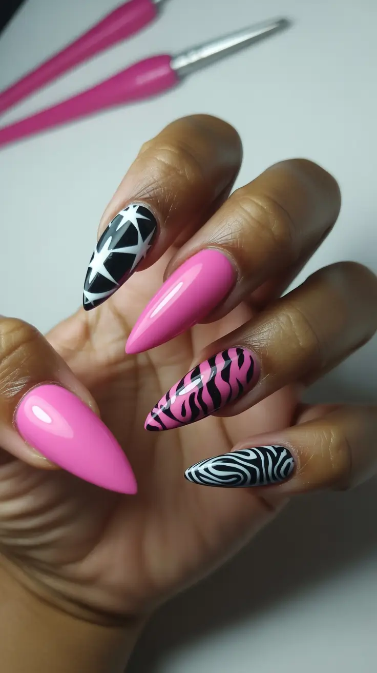 stiletto nail designs 2026 pink graphic art