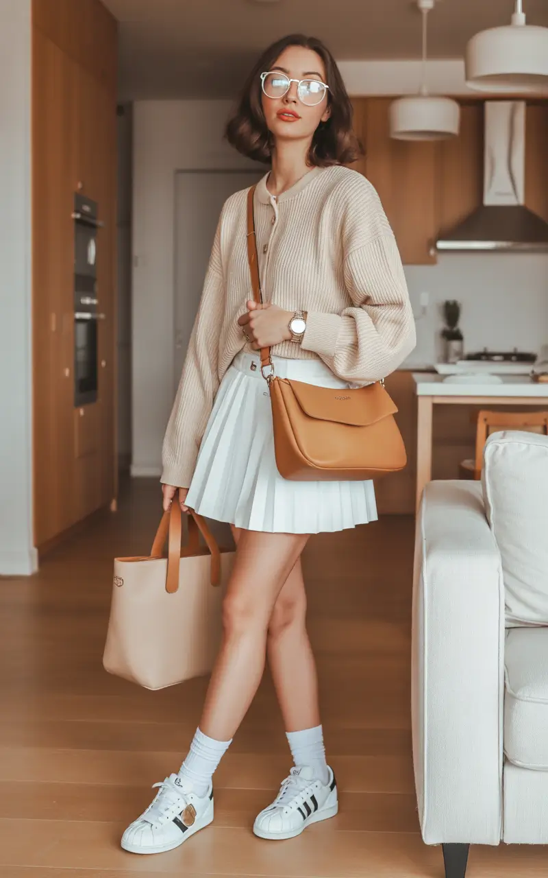 spring mini skirt outfits White Pleated Mini Skirt With a Cozy Sweater