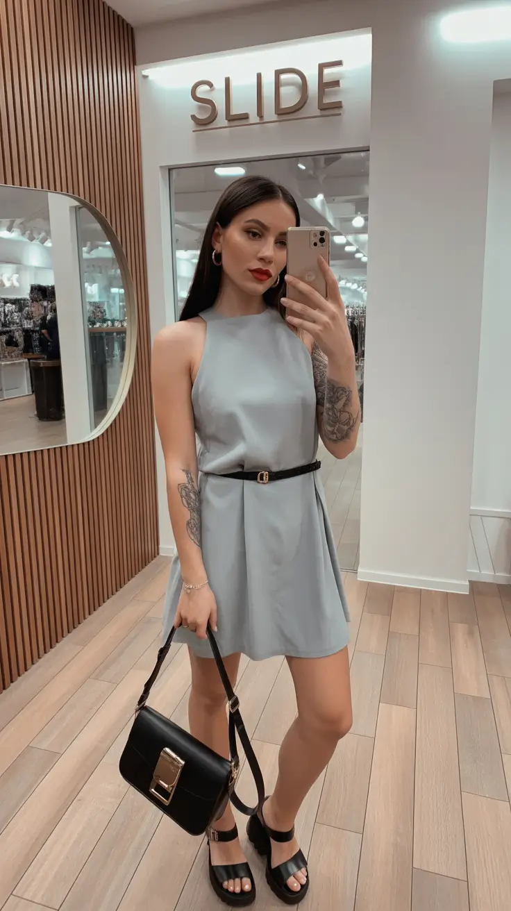 spring mini skirt outfits Soft Blue Mini Dress Styled Like a Skirt Moment