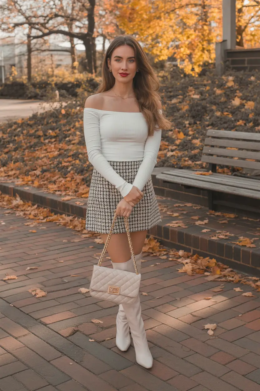 spring mini skirt outfits Plaid Mini Skirt With an Off Shoulder Top