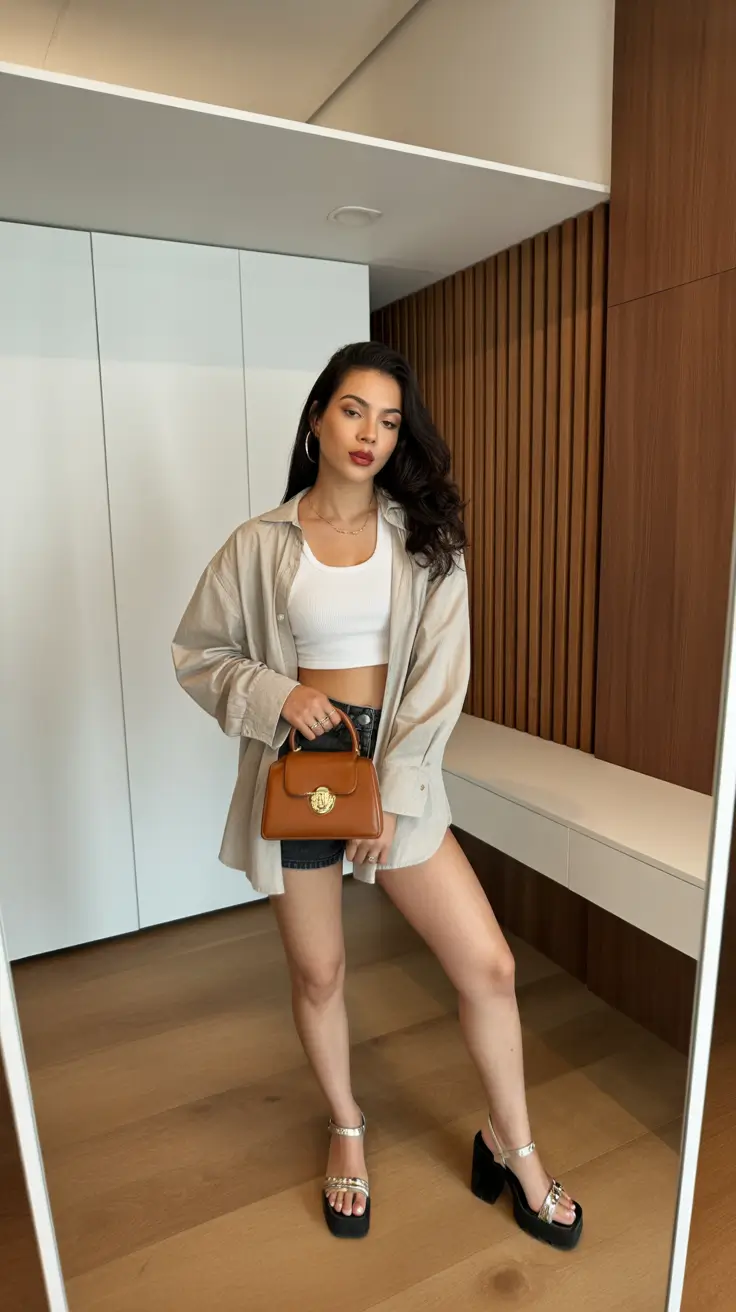 spring mini skirt outfits Black Mini Skirt With autral Overshirt Layer