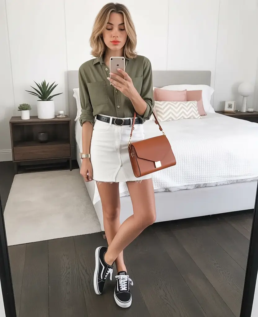 spring mini skirt outfits White Denim Mini Skirt With an Olive Button Down