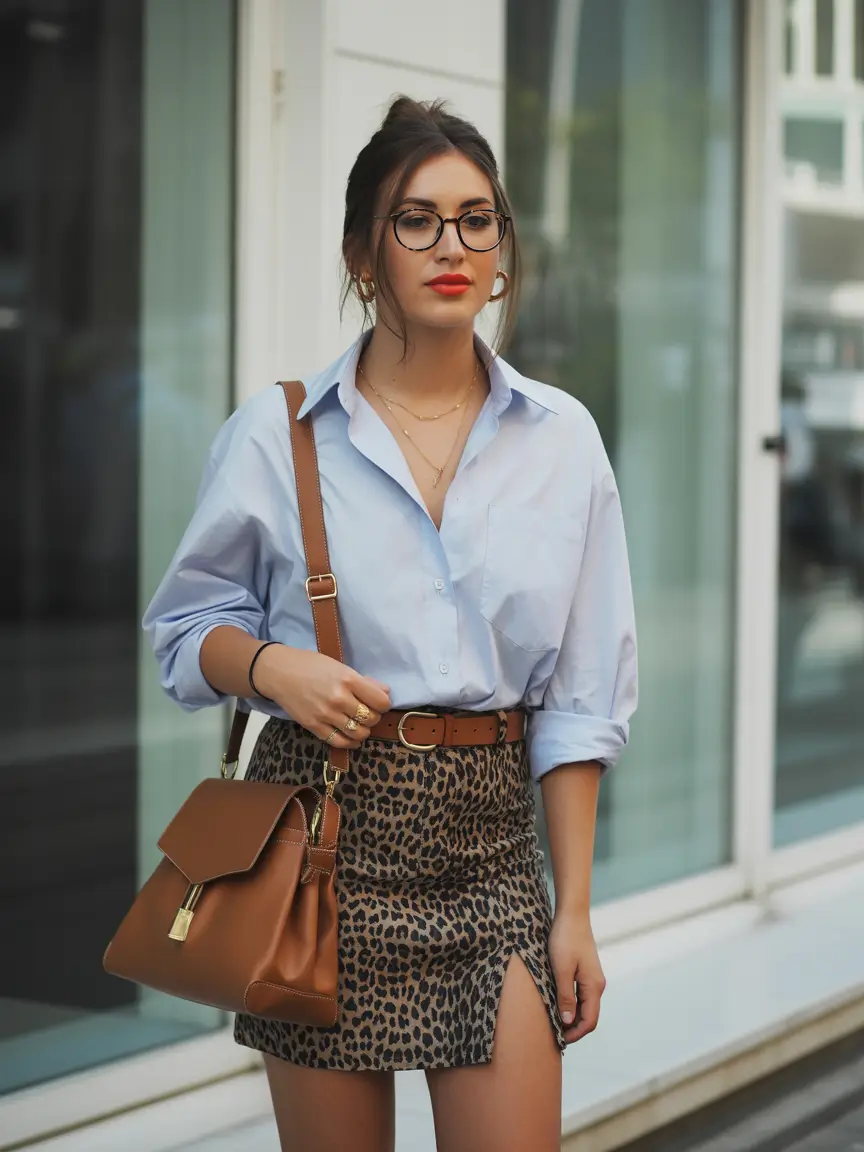 spring mini skirt outfits Leopard Mini Skirt With a Light Blue Oversized Shirt