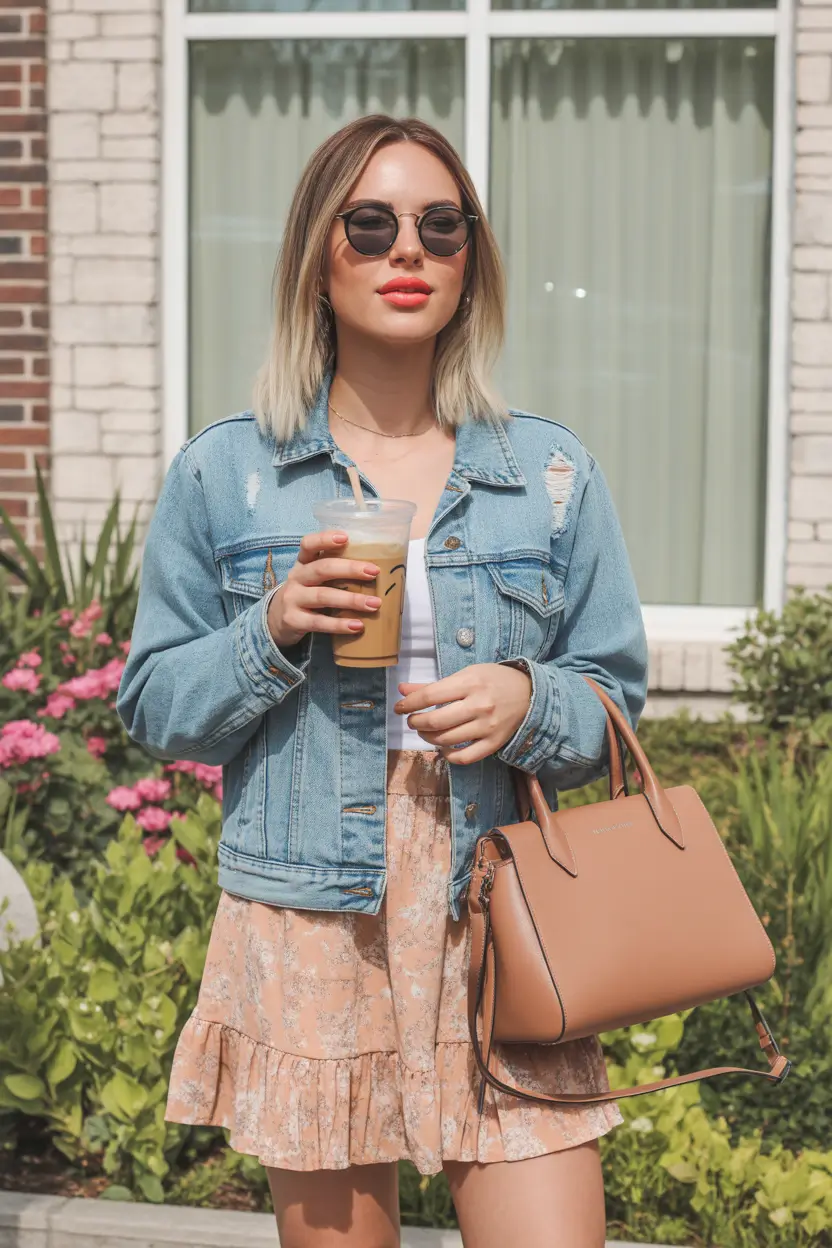 spring mini skirt outfits Denim Jacket With a Soft Mini Skirt Base
