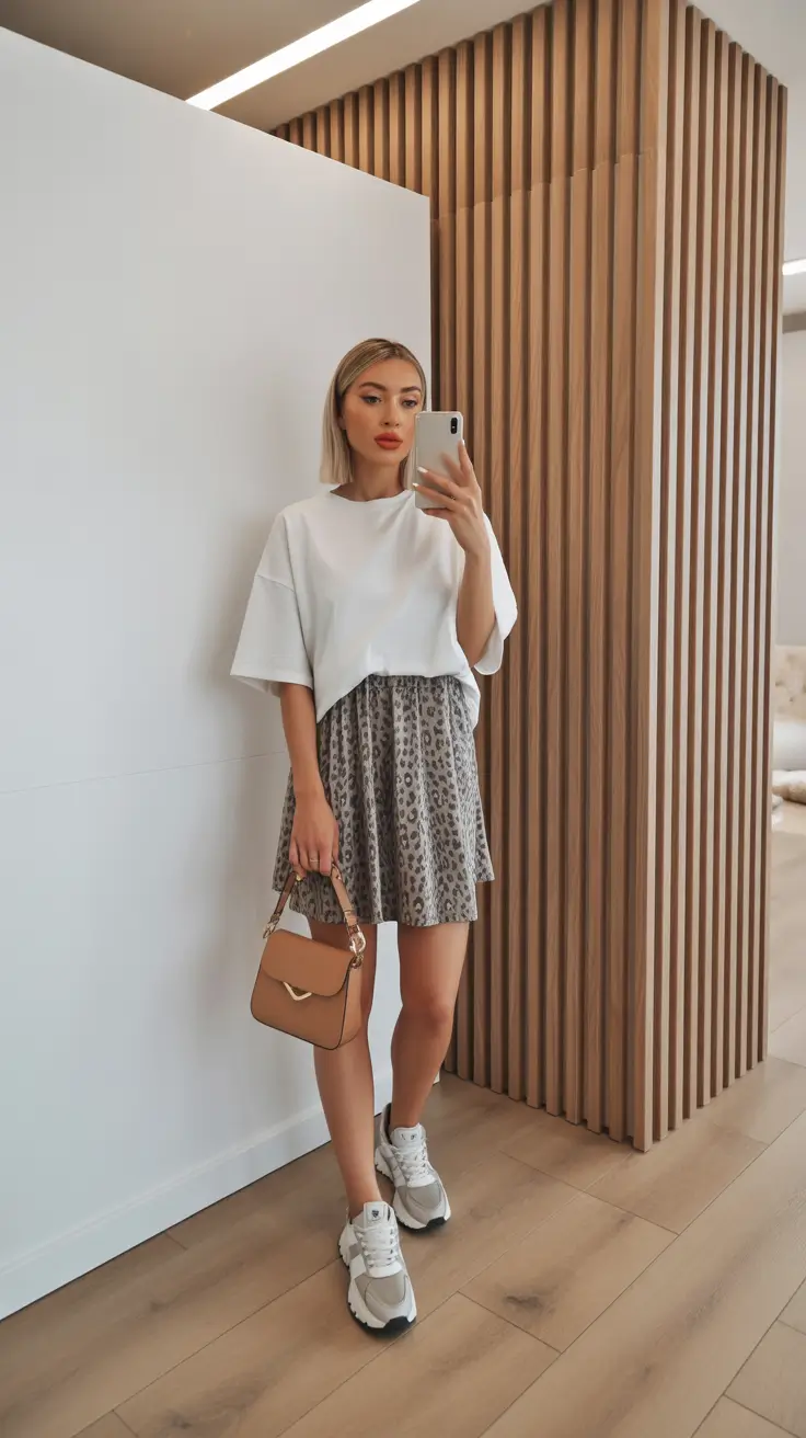 spring mini skirt outfits Leopard Mini Skirt With an Oversized White Tee