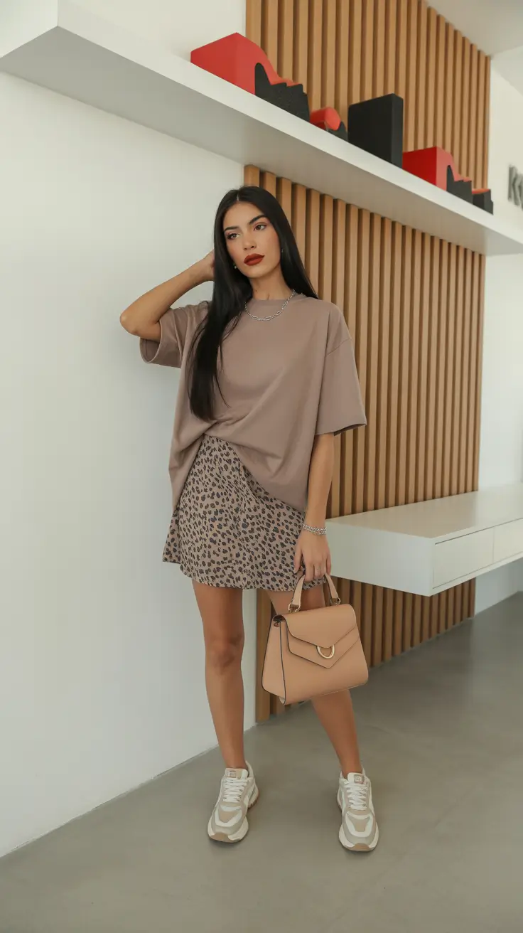 spring mini skirt outfits Soft Brown Tee With a Leopard Mini Skirt
