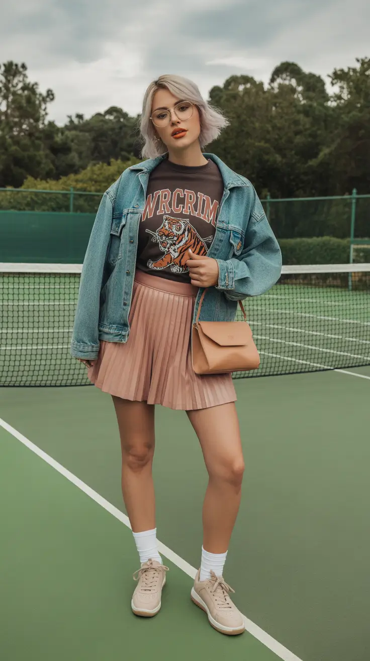 spring mini skirt outfits Black Graphic Tee With a Pleated Mini Skirt