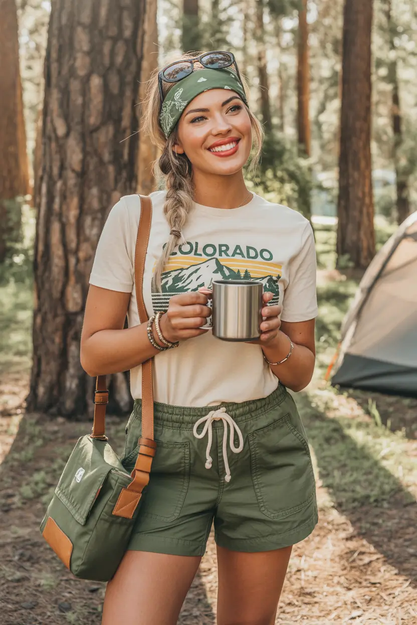 trendy camping spring outfits 2026 Graphic Tees and Easy Shorts for Relaxed Camp Mornings