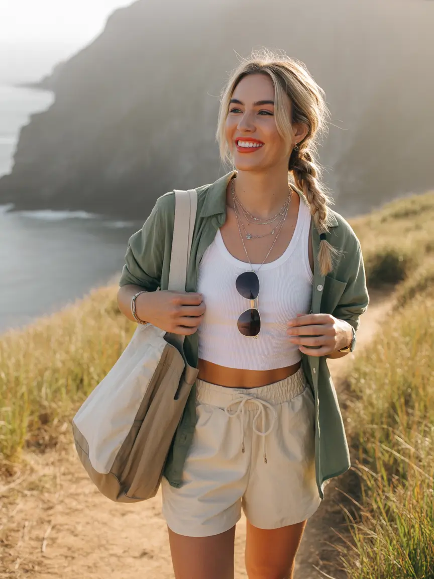 trendy camping spring outfits 2026 Soft Neutrals and Open Layers for Breezy Coastal Camps
