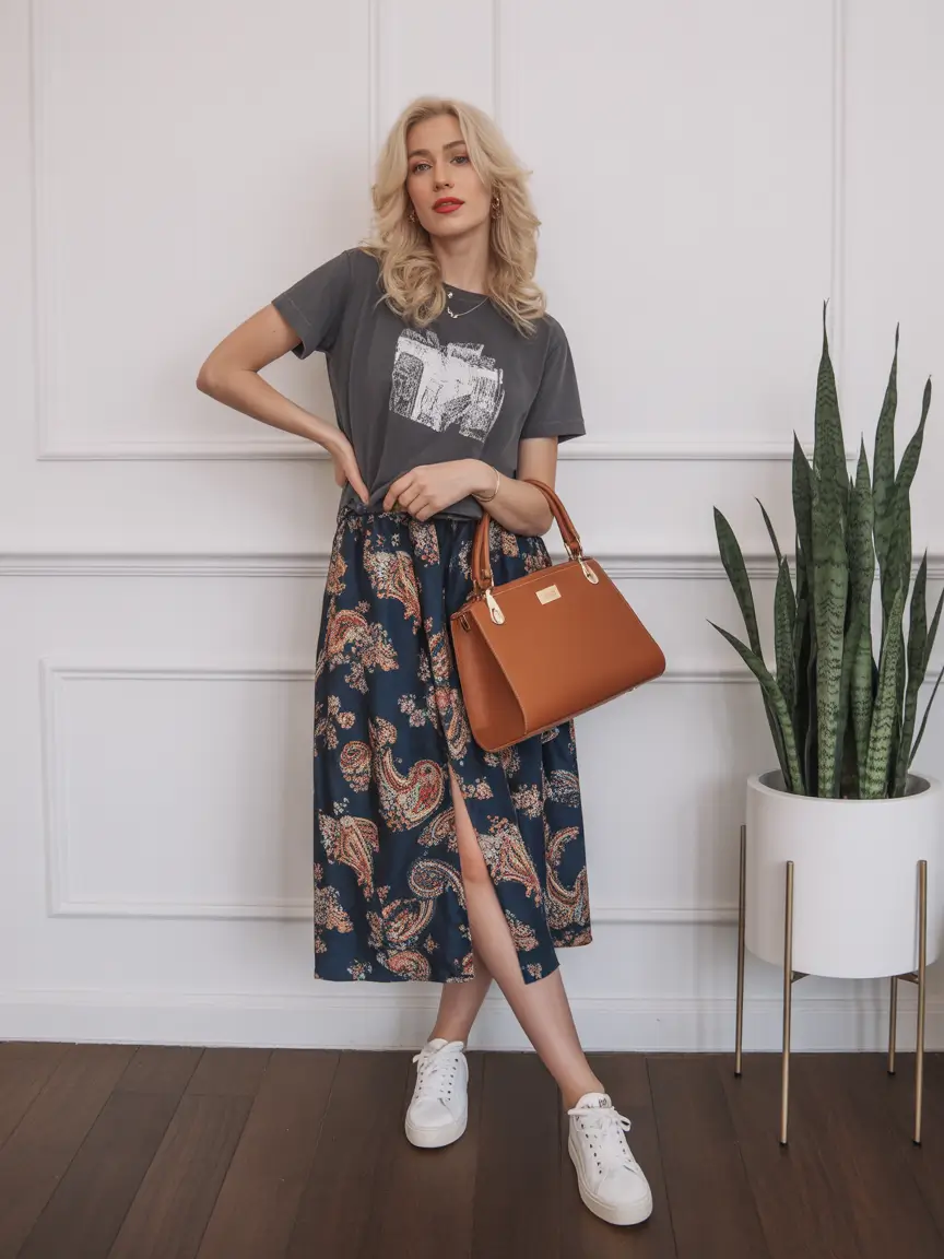 trendy spring outfit with a t-shirt for casual wear 2026 Graphic Tee Paired With a Flowing Midi Skirt