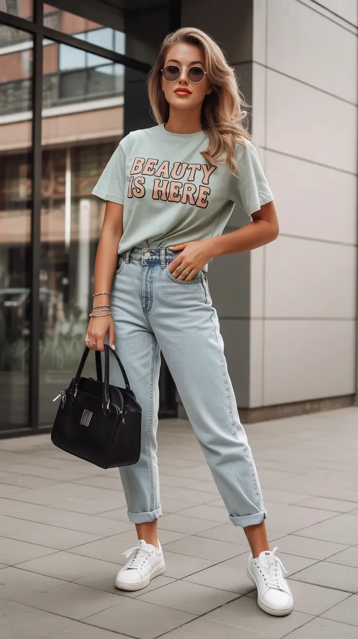 trendy spring outfit with a t-shirt for casual wear 2026 Soft Pastel Confidence With Light Denim Ease