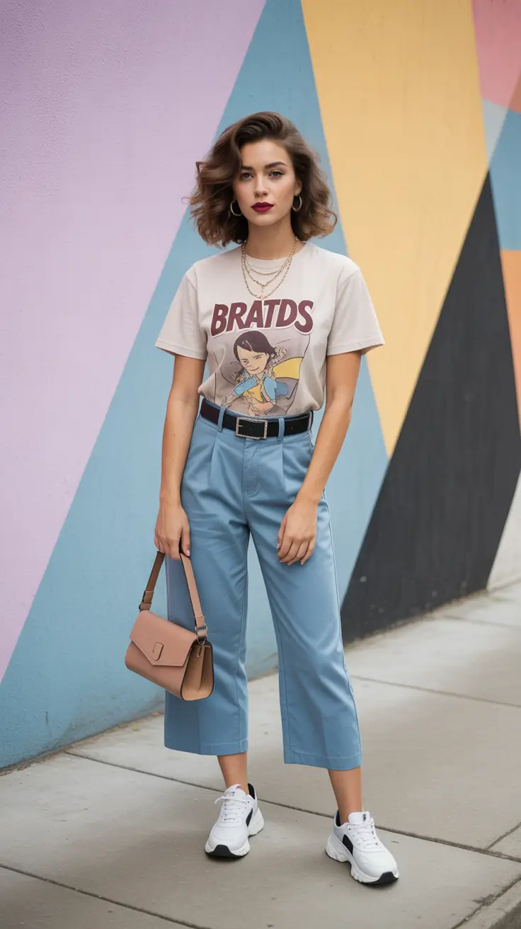 trendy spring outfit with a t-shirt for casual wear 2026 Tailored Trousers Meet Casual Graphic Energy