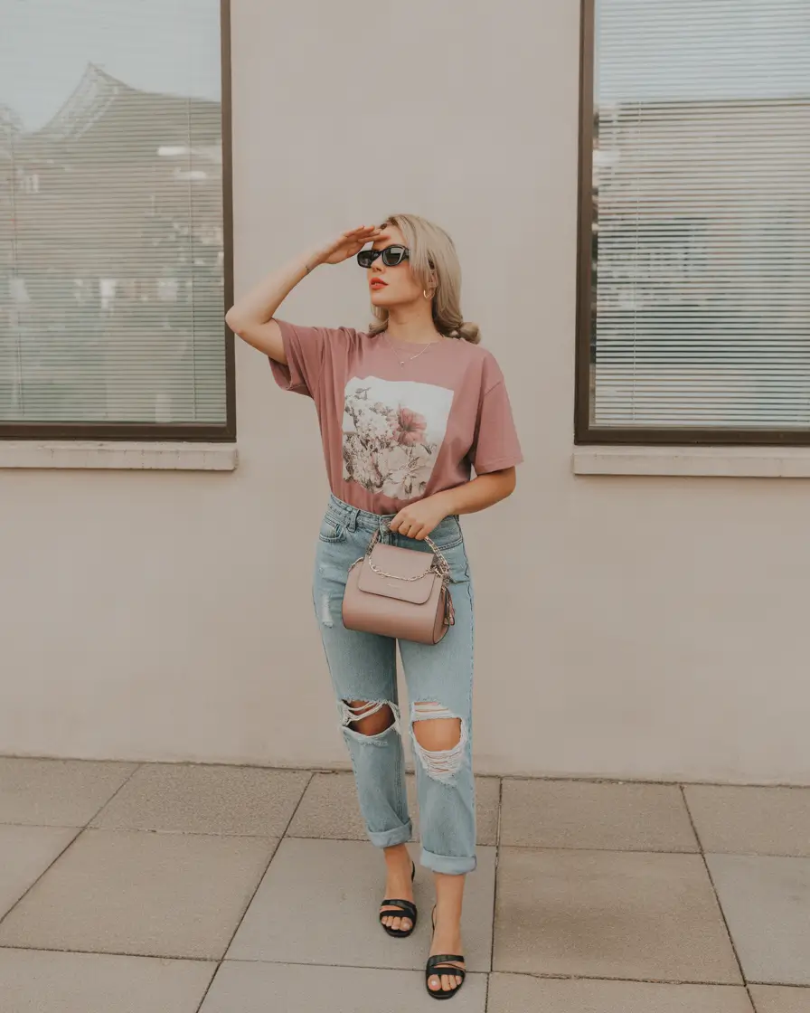 trendy spring outfit with a t-shirt for casual wear 2026 Romantic Neutrals With Relaxed Denim