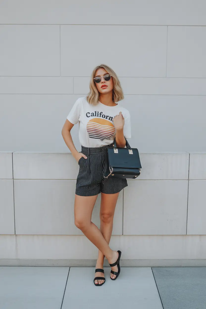 trendy spring outfit with a t-shirt for casual wear 2026 Graphic Tee With Polished Shorts Simplicity