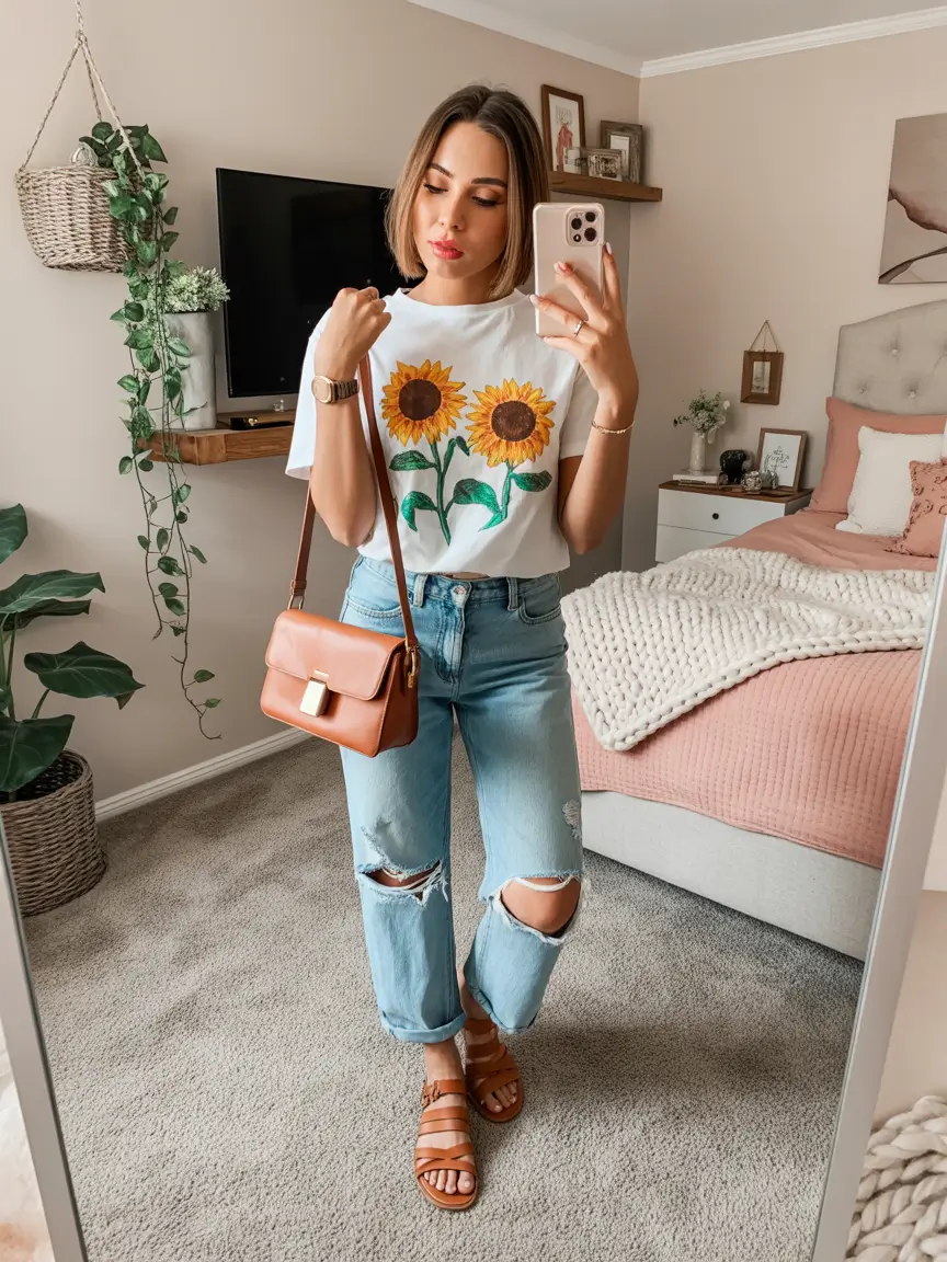 trendy spring outfit with a t-shirt for casual wear 2026 Sunny Florals Meet Everyday Denim Comfort