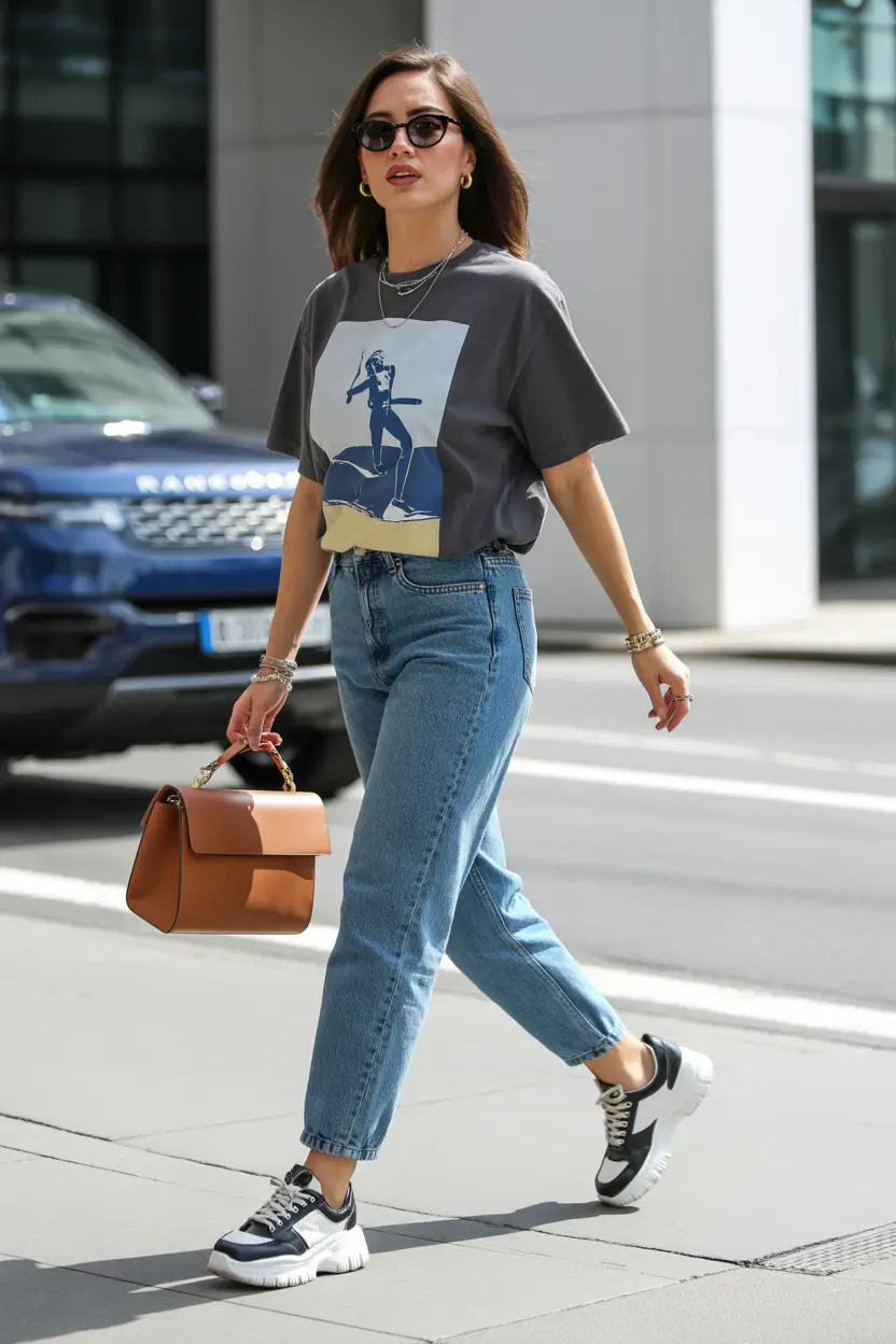 trendy spring outfit with a t-shirt for casual wear 2026 Modern Graphic Tee With Confident Movement