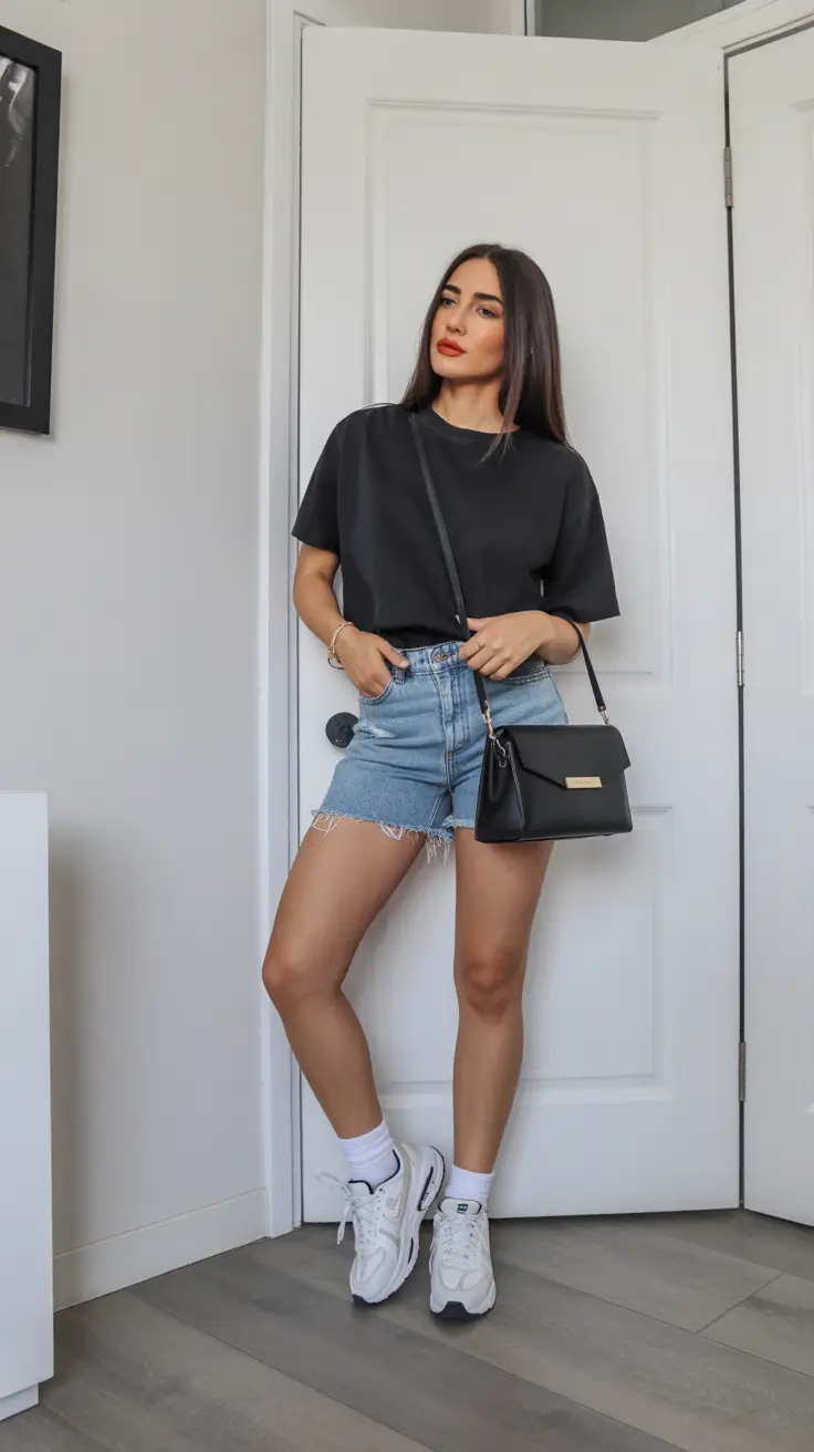 trendy spring outfit with a t-shirt for casual wear 2026 Minimal Black Tee With Denim Shorts Confidence