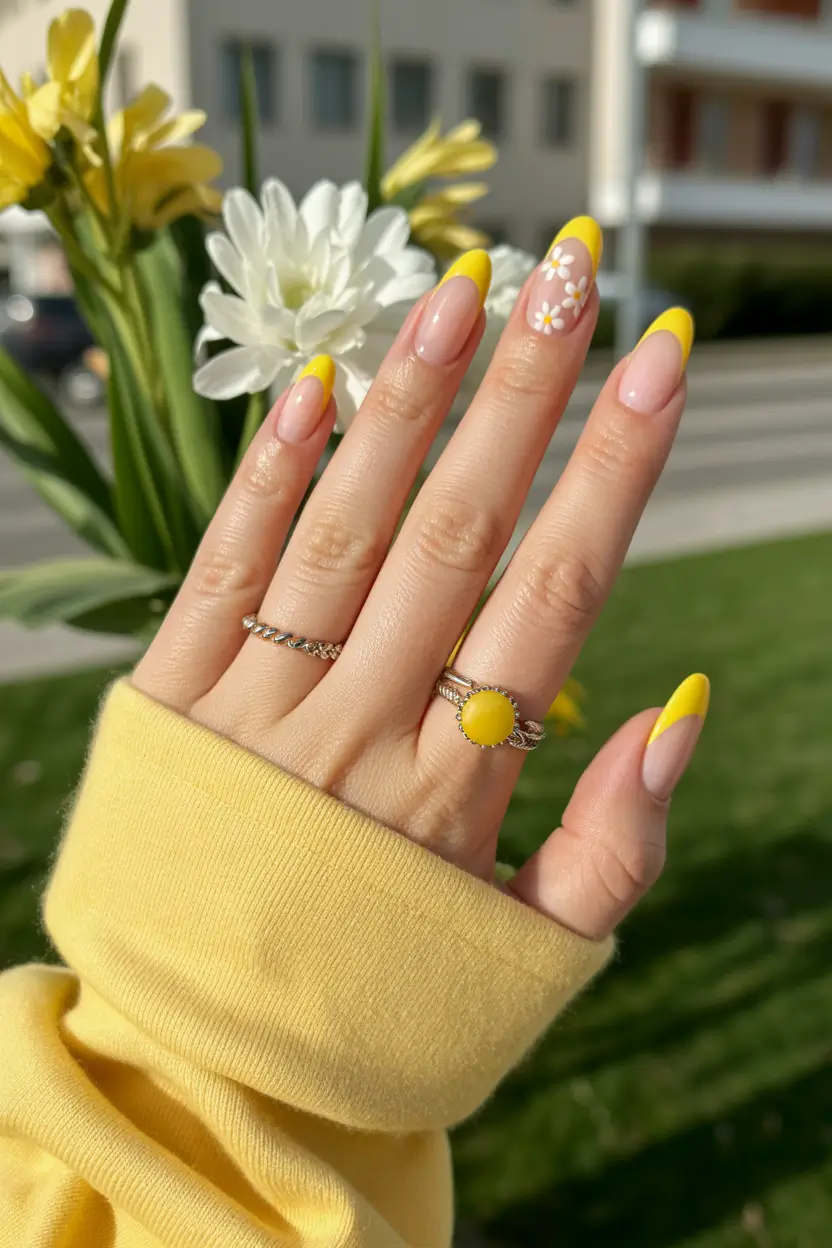 yellow nail designs 2026 yellow nails french tip flower design